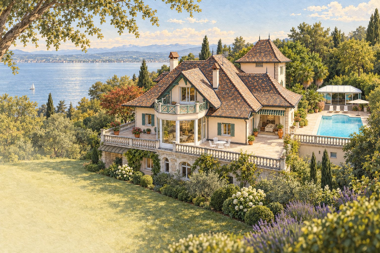 An ink and watercolour illustration of the house, its pool and the lake. AI illustration drawn from the house photographs.