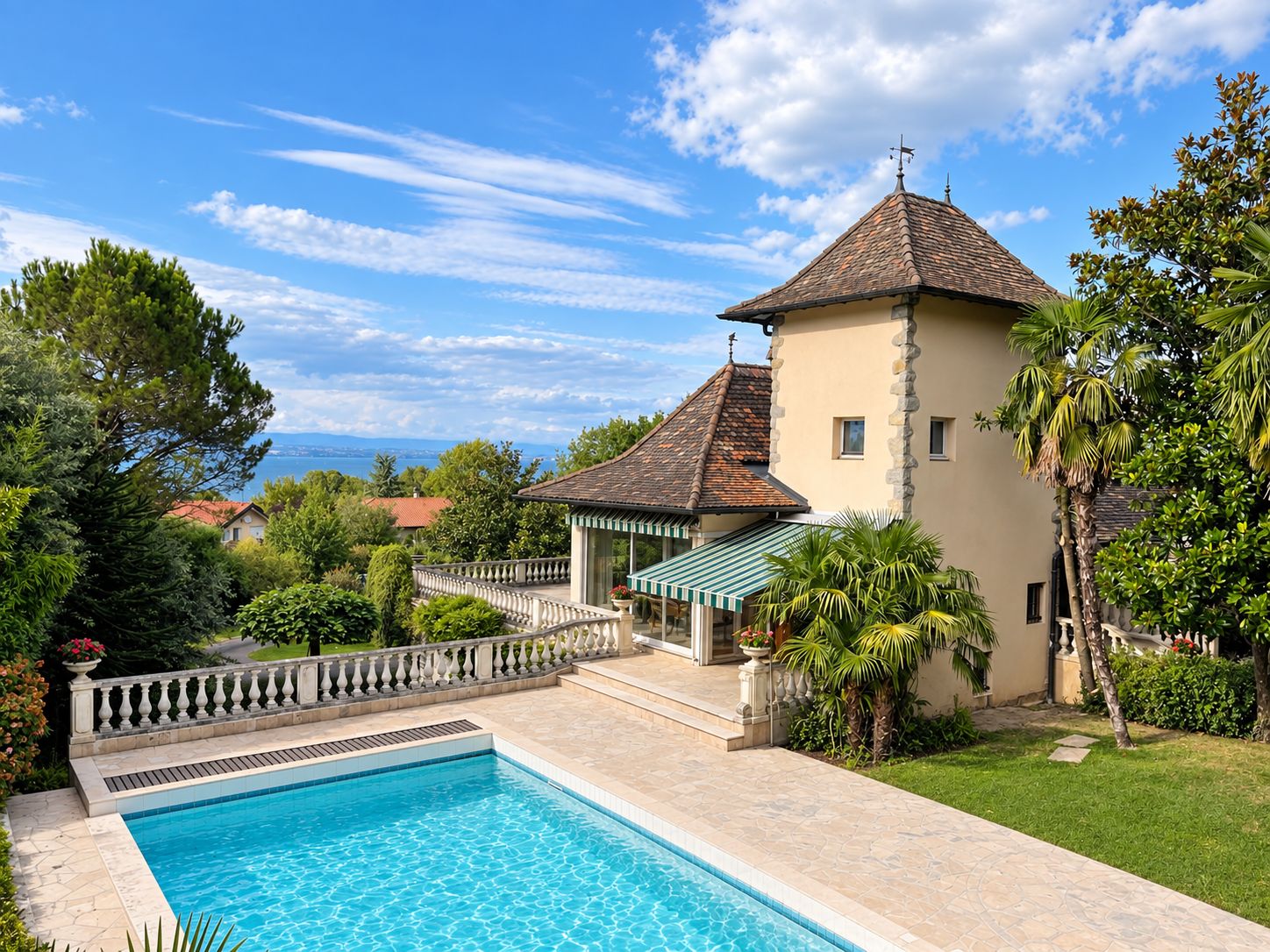 The pool terrace and the tower, with Lake Léman beyond the balustrade. Enhanced photograph.