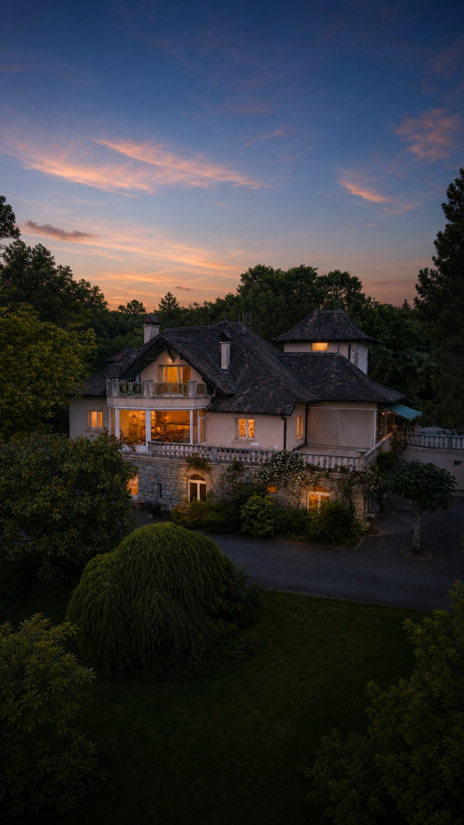 The house at dusk from the garden. Enhanced photograph.